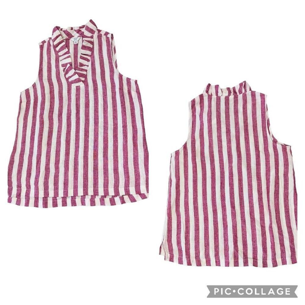 Crown & Ivy Linen Pink Reddish White Ruffle Neck Sleeveless Blouse Size M Women